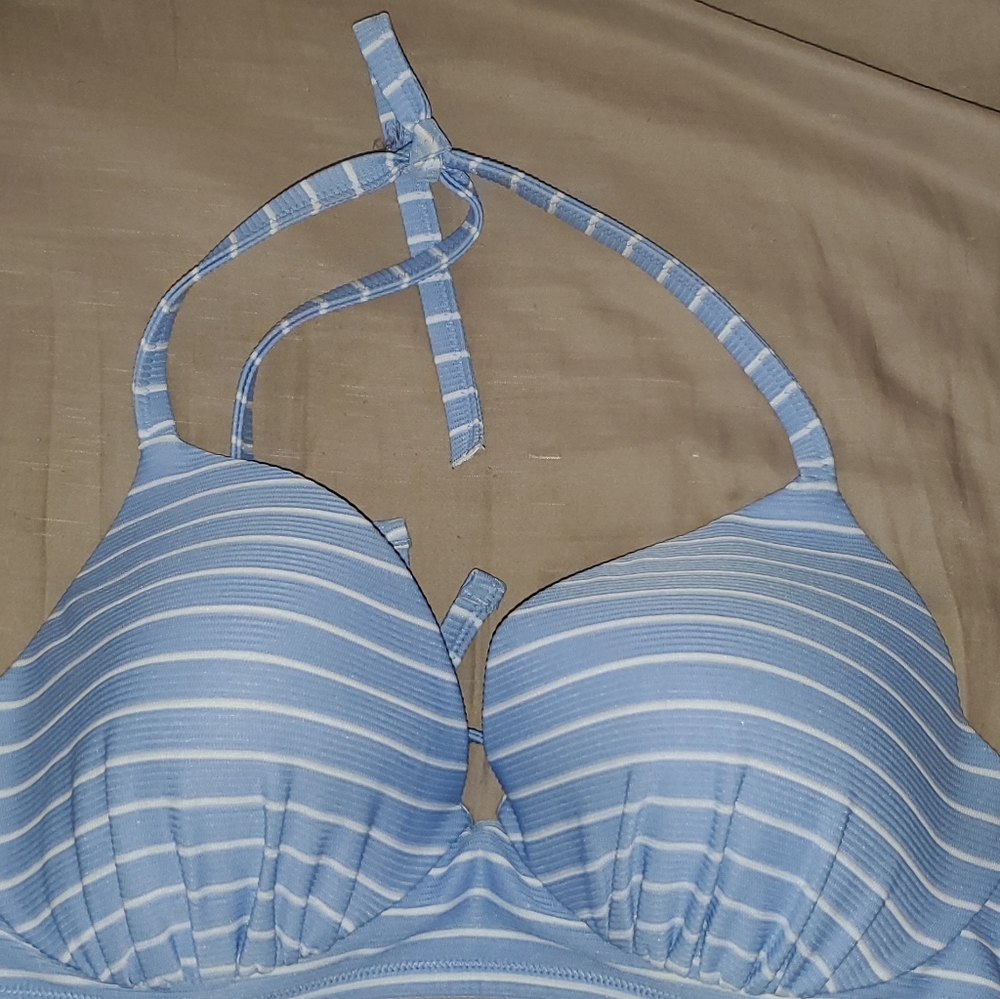 Blue and white strips bikini top